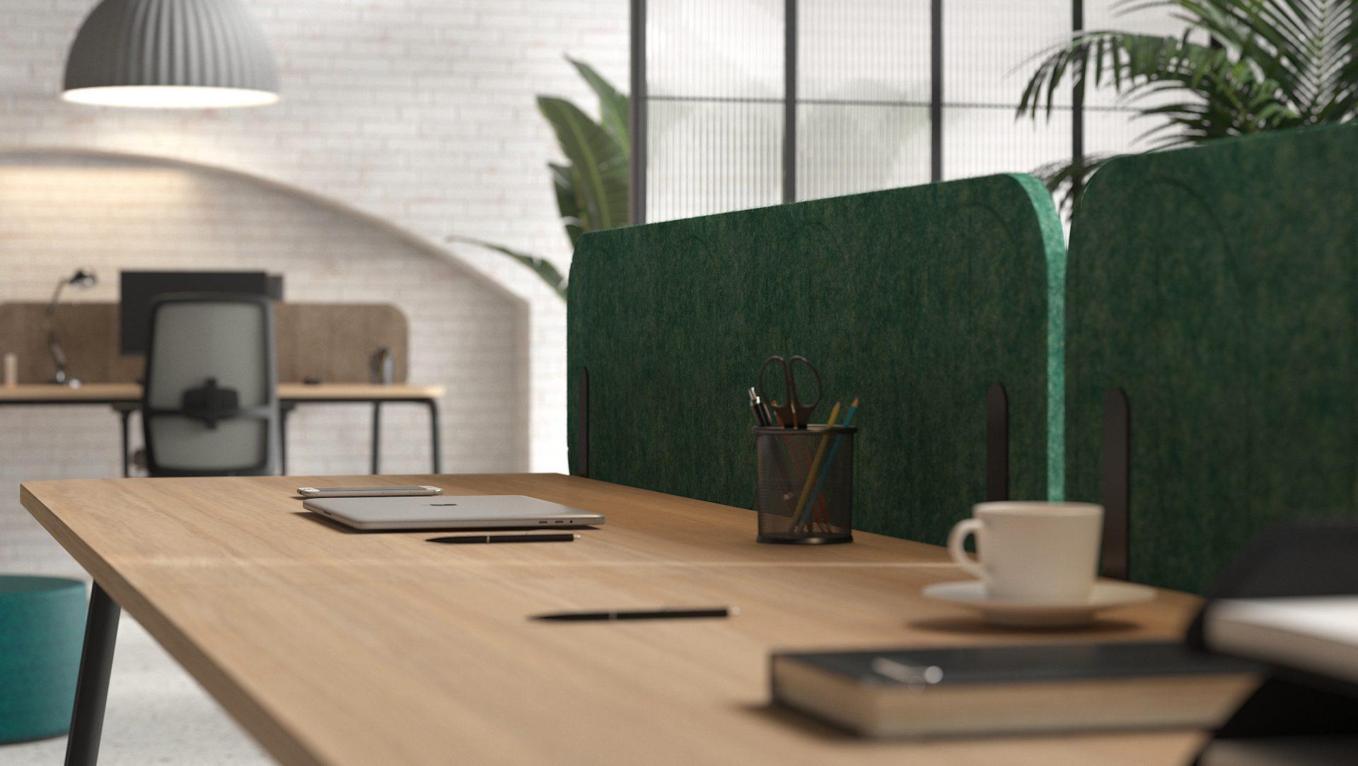 Akustiskā galdu starpsiena ROUND PET, T1 - tumši pelēks, B44 - zaļš, W = 1400, H = 330